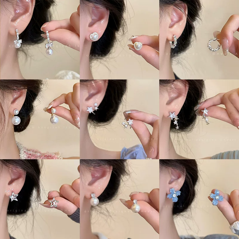 Серебряные сережки 925 пробы с цирконами, минималистичный стиль light-luxury, 2×2 см, несколько цветов
