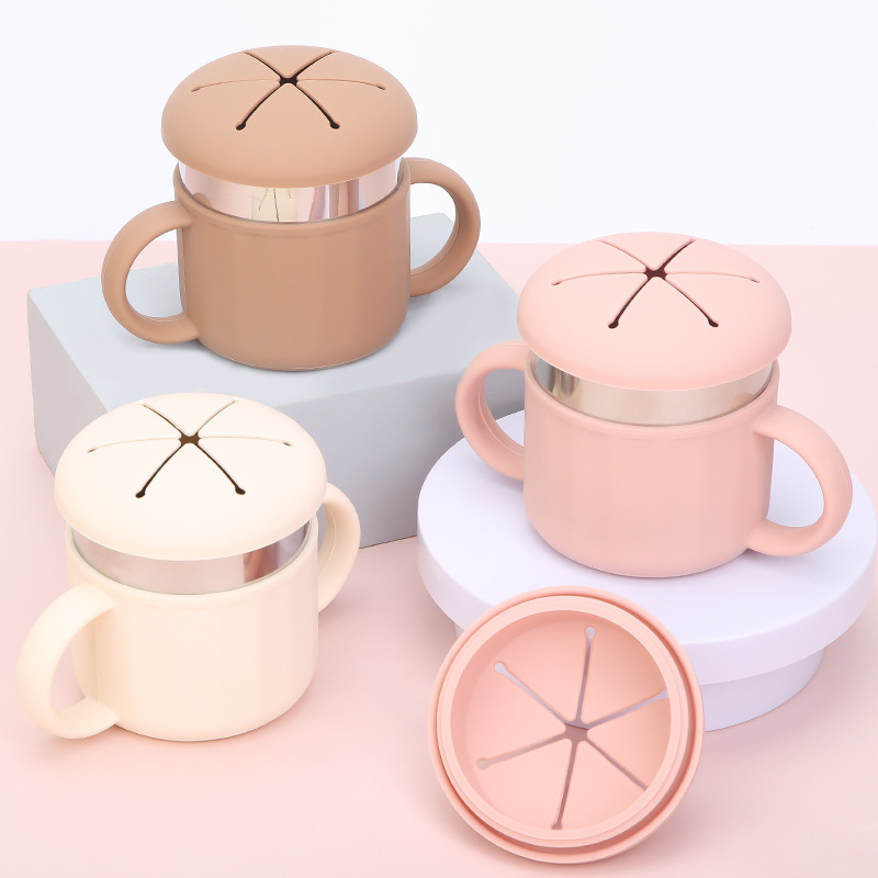 Snackbecher aus Silikon mit Griff und doppelten Ohröffnungen für Babys und Kleinkinder, hochwertige, kreative Lerntasse mit Strohhalm zum direkten Trinken_voghion.com