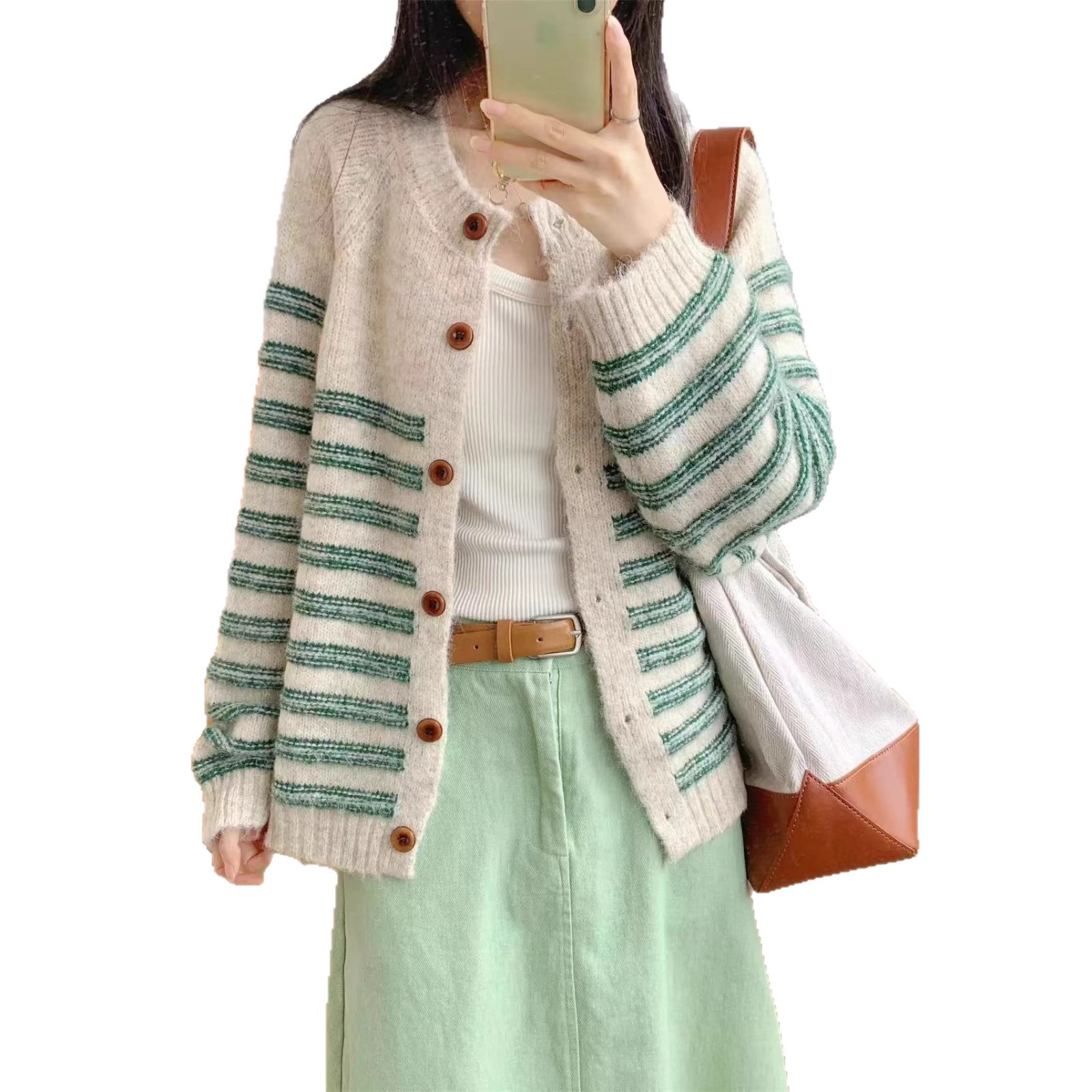 Otoño y invierno de 2025 nuevo estilo retro color contraste a rayas de punto cardigan estilo coreano de moda universal suéter delgado abrigo image 6