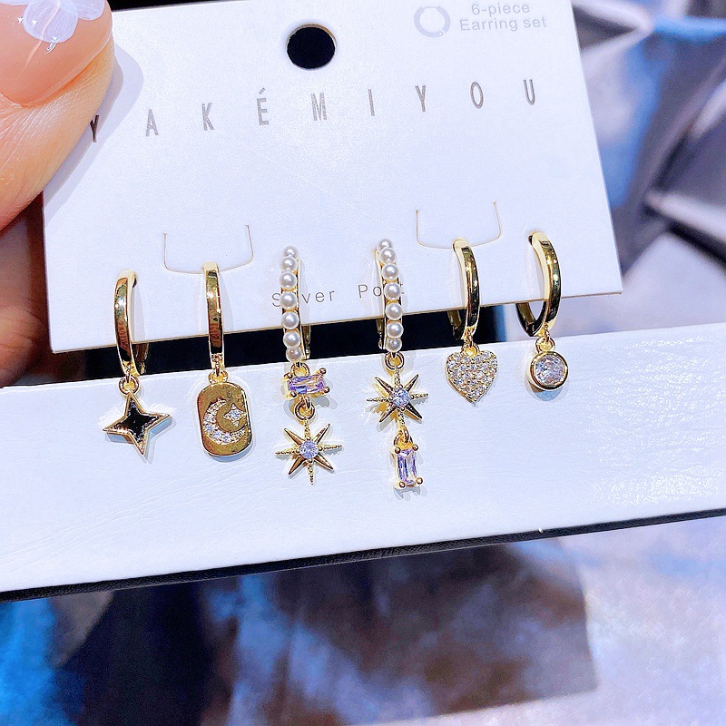 Yakemiyou Fashion Earrings Set Zircon Stars Moon Copper Ear Buckle display picture 1