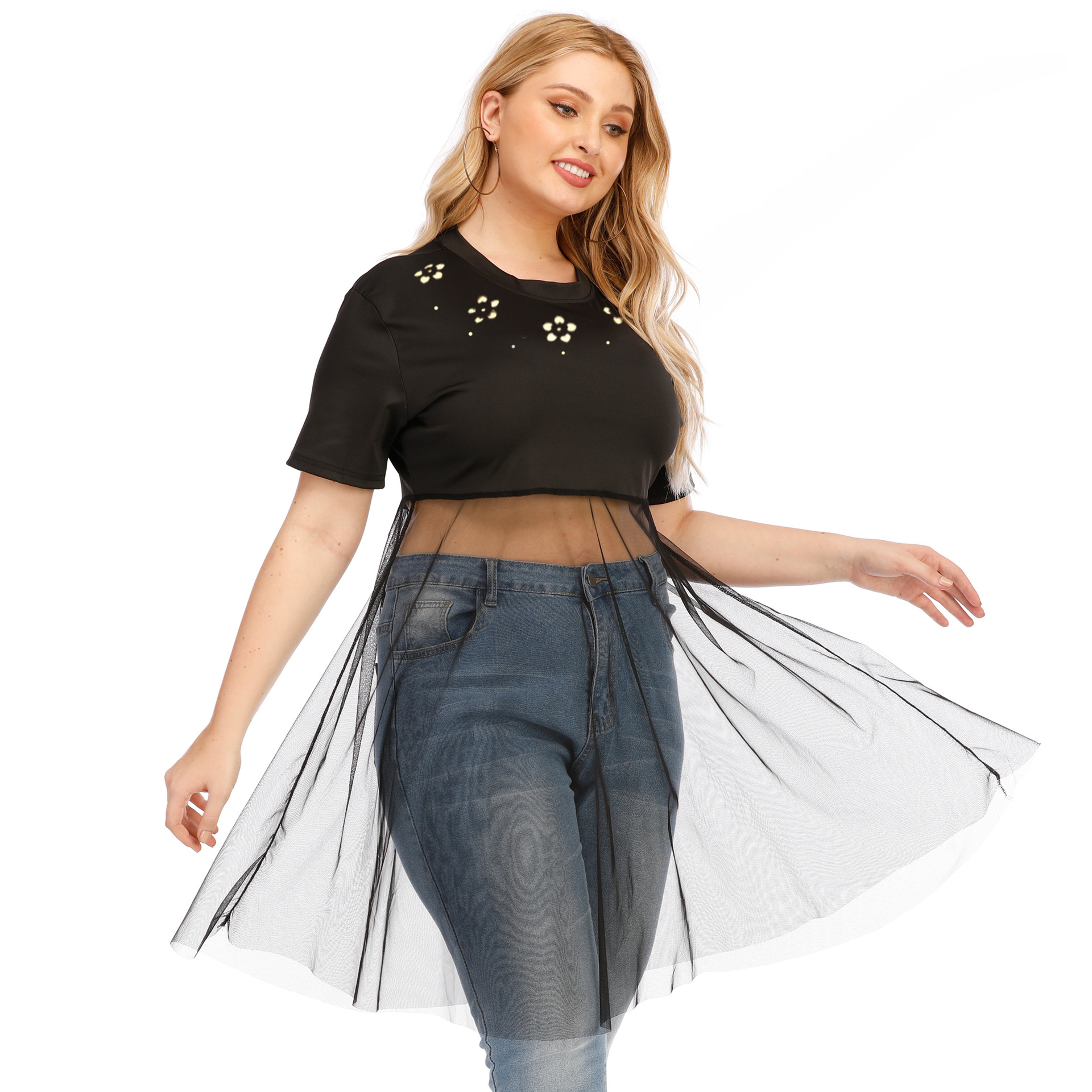 plus size hollow burnt flowers mesh stitching T-shirt NSOY34353