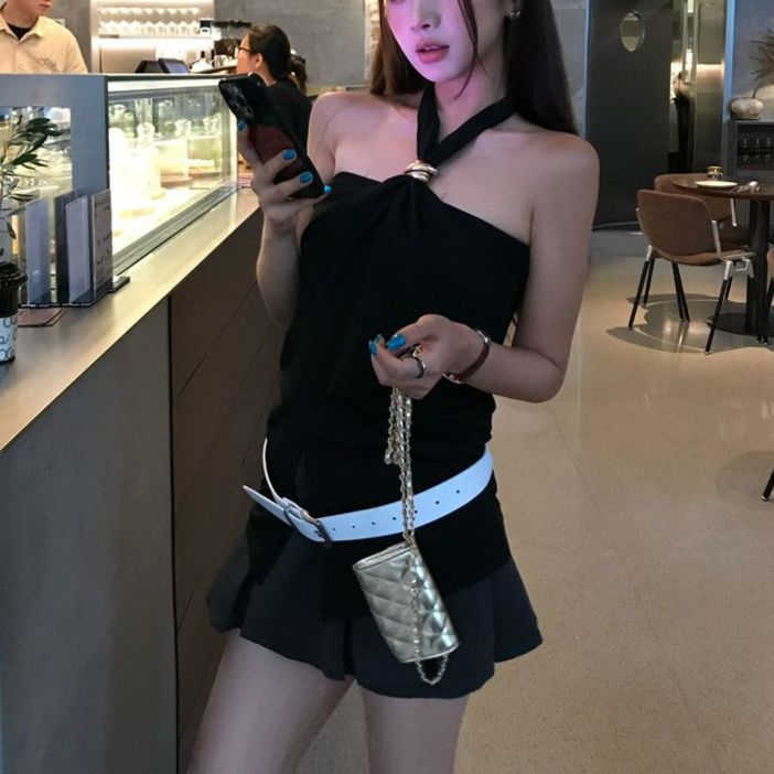 Women's Backless Halter Crop Top - Summer Bodycon Sleeveless Bustier In Black, White, Coffee_ecoleips.com