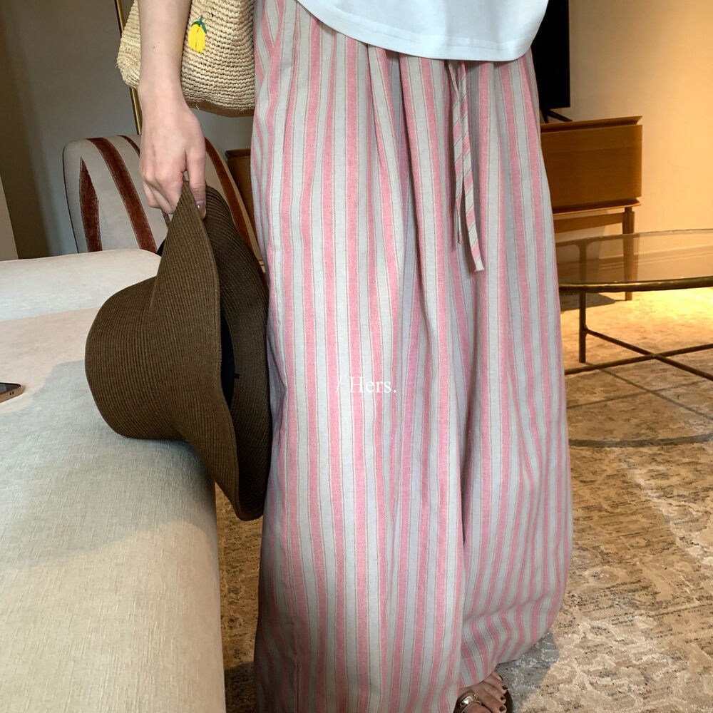 Quần culottes nữ ống rộng cạp cao sọc kẻ dáng dài suông rộng phong cách thư giãn — màu hồng