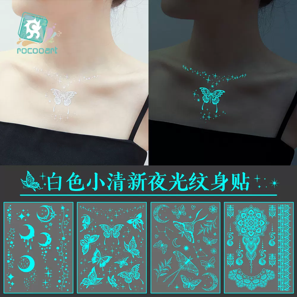 瑞卡龙新款跨境曼陀罗纹身贴白色花朵手指锁骨夜光纹身贴防水贴纸