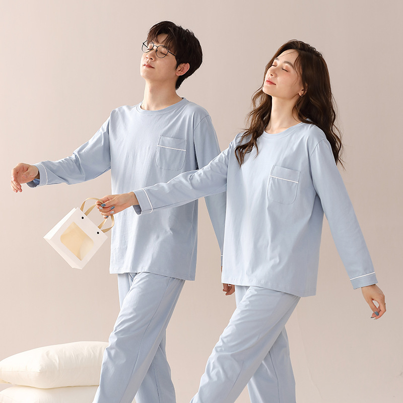 Class A antibacterial pure cotton couple pajamas women's spring and autumn solid color men's long sleeve simple spring and summer home wear can be worn outside women