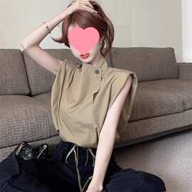 设计感小众立领斜扣短款百搭抽绳卡腰无袖垫肩背心衬衫女洋气衬衣
