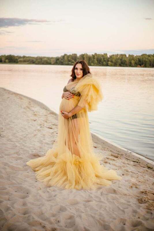 Cross-border foreign trade hot new pregnant women mesh skirt photo dress single shoulder yellow perspective dress multi-color can do