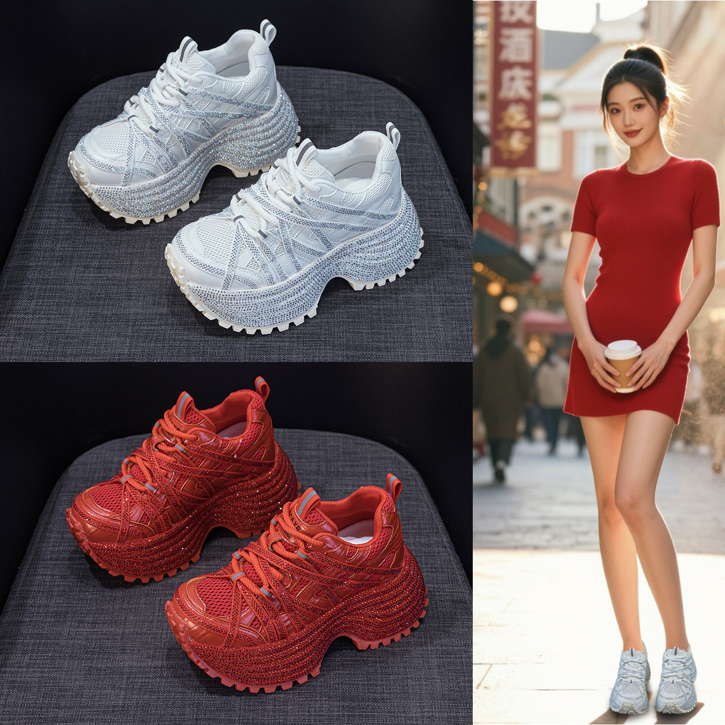 Giày sneaker nữ đế dày phong cách dad shoes, gót 5 cm, đính đá lấp lánh — Đỏ 5052, Xám 5052, Be 5052