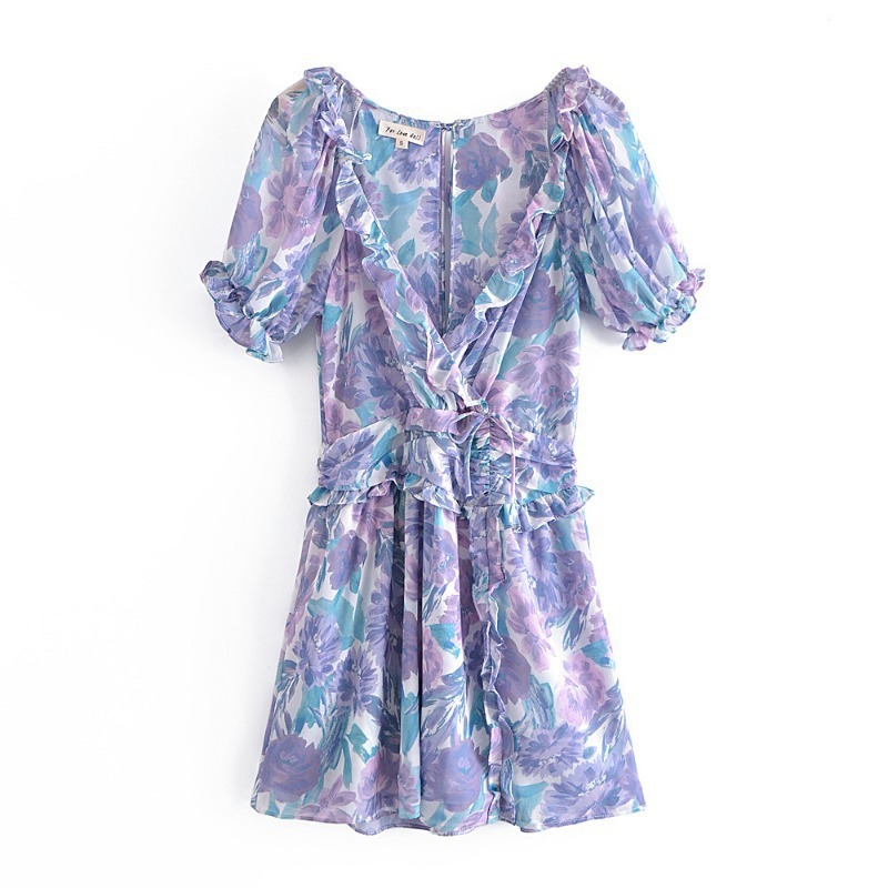 V-neck printed puff sleeved high-waisted dress NSXDX117344