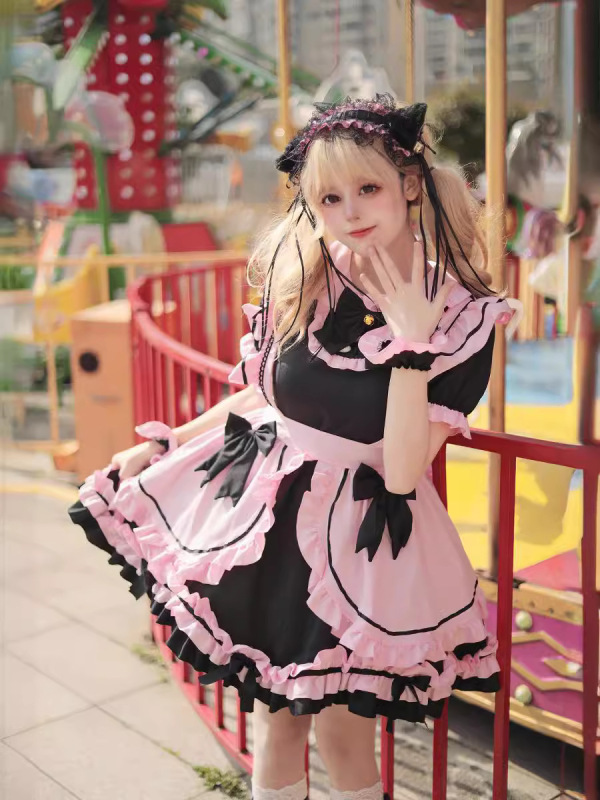 新品 ~ 日系Lolita黒粉メイド服cos甘美少女かわいい猫蝶結びソフト妹セット|undefined