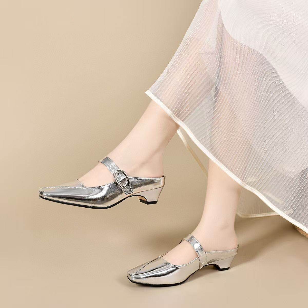 Dép sandal nữ da thật mũi vuông phong cách tiên nữ, gót thô chống trượt — màu be