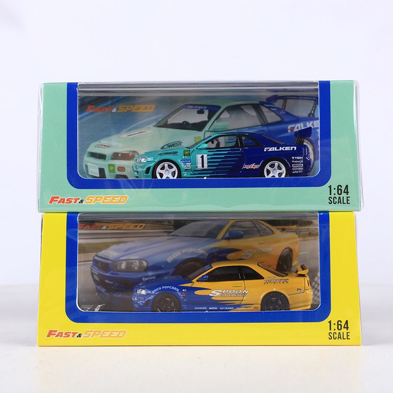 (2개) 빠른 속도 FS 1:64 닛산 스카이 라인 R34 스푼 FEIJIN 코팅 합금 자동차 모델