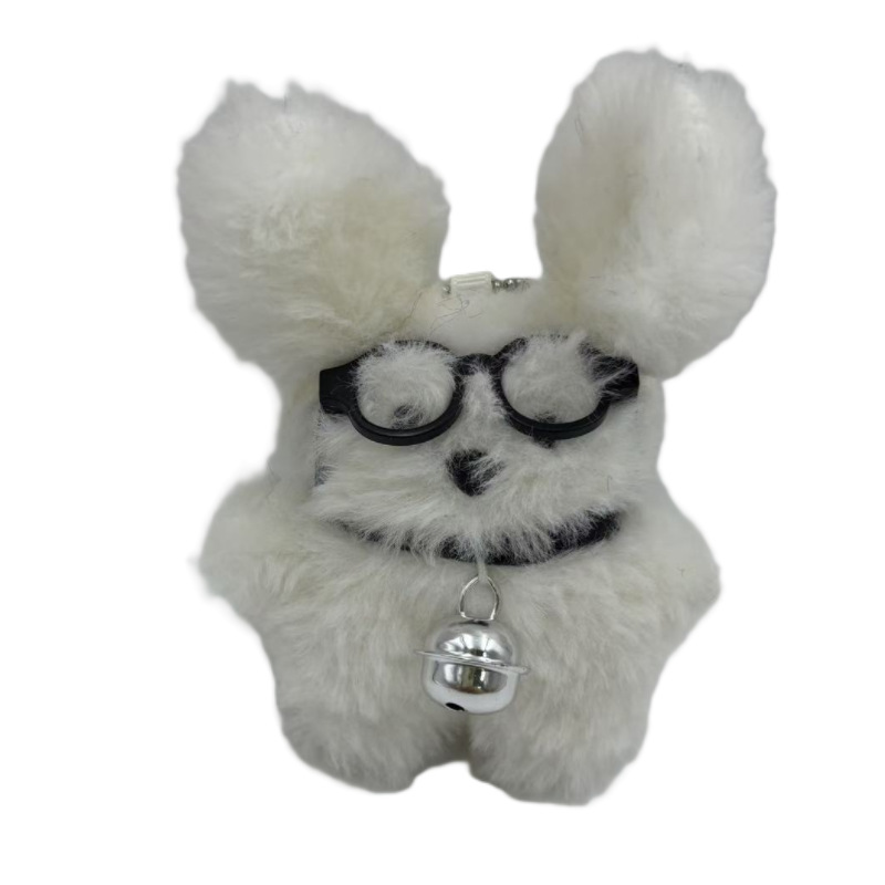 戴眼镜铃铛毛绒兔子挂件，小兔毛毛绒公仔挂件10cm东莞艾琳玩具
