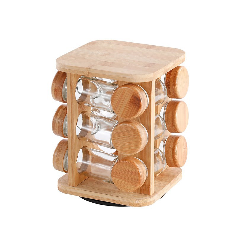 Transfronterizo Amazon nueva base giratoria de vidrio con condimento de botella de madera cuadrada con marco giratorio condimento de lata