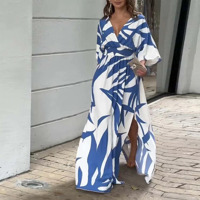2025 European and American Clothing Amazon Aliexpress Independent Station Mid-Sleeve V Neck Digital Printing Dress Long Skirt