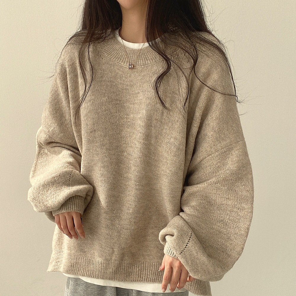 Solid Crew Neck Split Sweater Gray