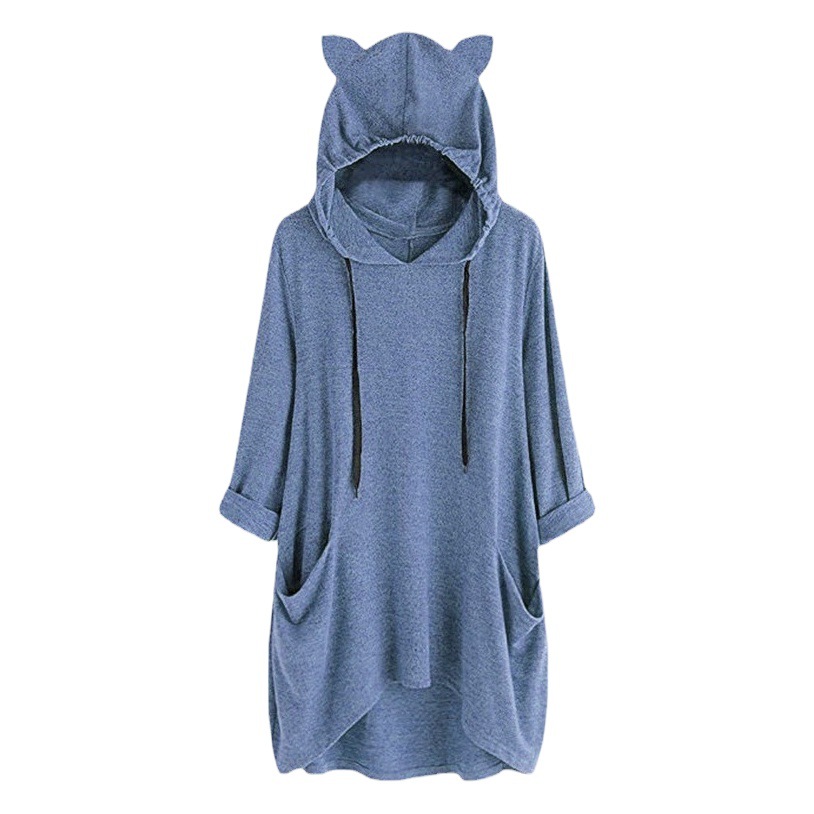 Comercio exterior estación independiente Amazon color sólido lindo orejas de gato bolsillo largo suéter moda más tamaño superior europeo y americano