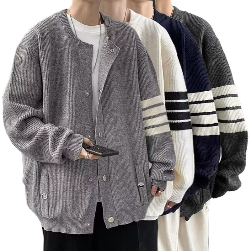 Explosiones transfronterizas de tamaño europeo de cuatro barras a rayas jersey suéter cardigán hombre chaqueta suéter fábrica al por mayor