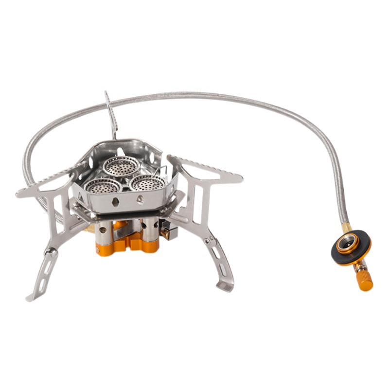 Entrega de una pieza de comercio exterior al aire libre portátil plegable tarjeta estufa de gas camping de tres cabezas estufa a prueba de viento