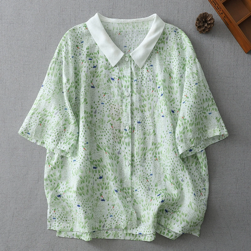 Женская рубашка с короткими рукавами и лацканами в японском стиле, простая легкая рубашка с принтом кролика из рами и цветными блоками