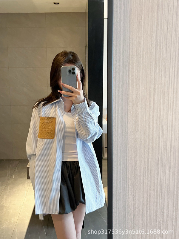 25春夏新款罗经典款蓝白条纹麂皮标logo百搭长袖衬衫女款|undefined