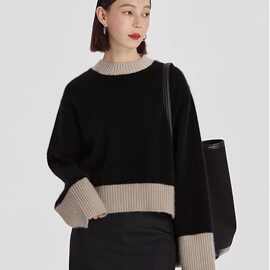 秋冬新款短款羊毛衫女圆领宽松慵懒加厚时尚拼色打底毛衣厂家代发
