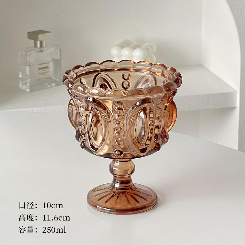 Retro en relieve marrón tazas de vidrio de patas altas tazas de helado tazas de yogur tazas de postre tazas de café creativas medieval al por mayor