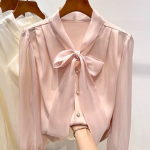 欧根纱粉色蝴蝶结长袖衬衫女2024年新款秋装气质显瘦通勤雪纺衬衣