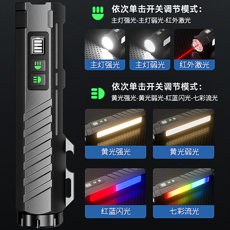 私模黑科技七彩霓虹光强光手电筒铝合金长续航电筒户外多功能手电|undefined