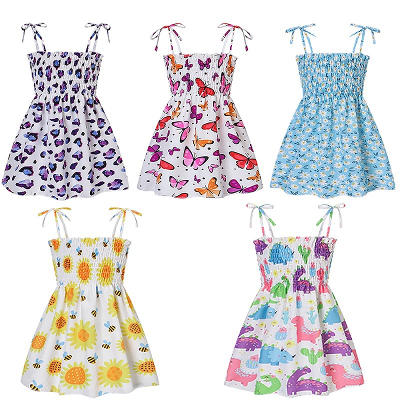 Foreign Trade Summer New Style 2026 Girls' Dress Children's Beach Floral Strap Dress Baby Girl Printed Dress