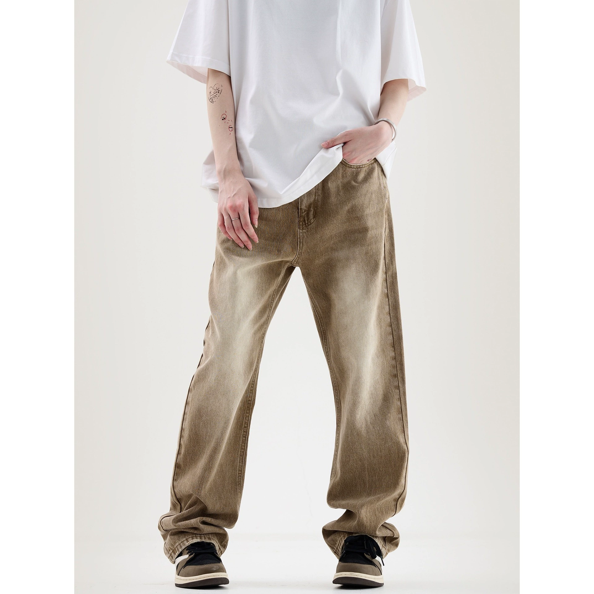 Американские ретро стирание старые прямые джинсы свободные дикие цвета хаки