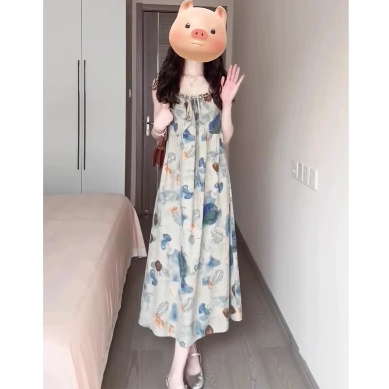 新しい中国風のサスペンダードレス、水墨画絞り染めニッチデザイン、文学的な中国風のロングスカート、休暇スタイルの写真撮影スカート|undefined