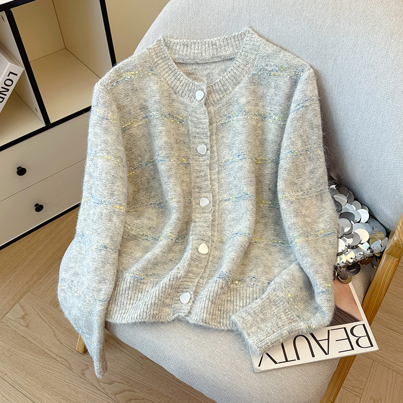 Invierno y otoño suéter fragrante color rayas dulces camisetas de punto para mujeres suaves cardigans versátiles chaqueta