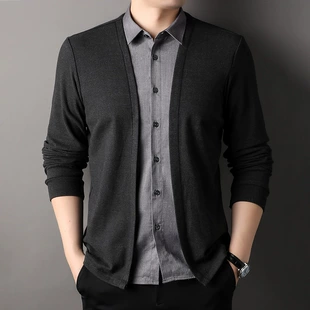 Autumn men's layered shirt-look set — cardigan with faux shirt, casual business knit, black/gray, sizes M–4XL