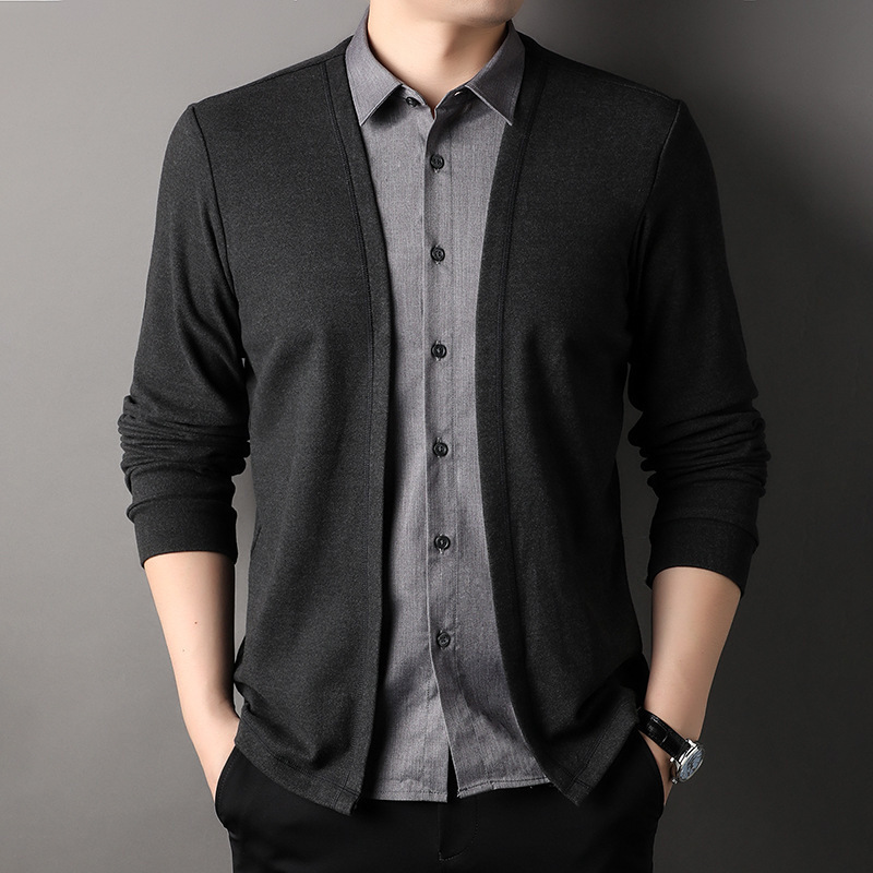 2025 New Autum Men's Fake Two-Piece Shirt Collar T-Shirt Knitted Cardigan Casual Business Sweatshirt Jacket Men's Clothing