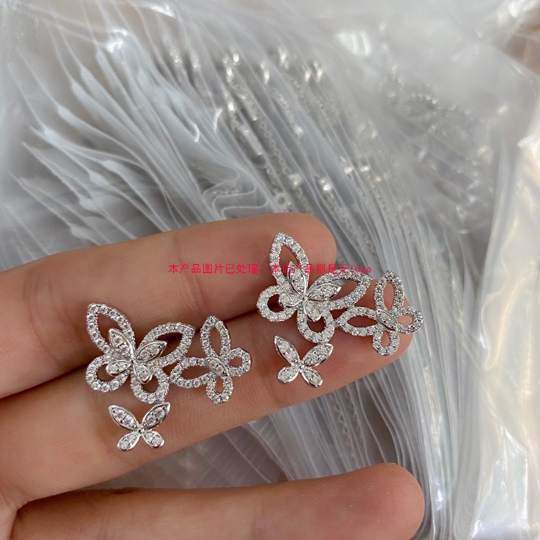 新款925纯银时尚高碳钻镂空蝴蝶耳钉 气质网红街拍百搭款工厂直销