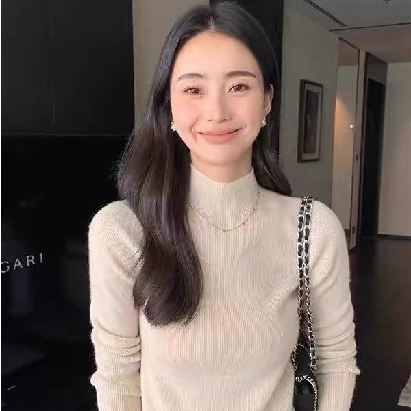 洋气纯色半高领修身内搭打底毛衣女装春秋2025新款正肩长袖针织衫|undefined
