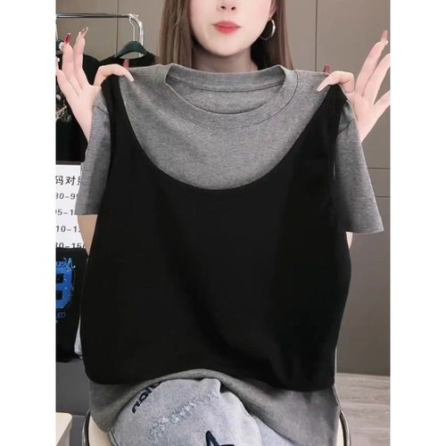 Pure cotton new 2025 summer black fake two-piece short-sleeved T-shirt for women with large size age-reducing temperament slimming design half-sleeved