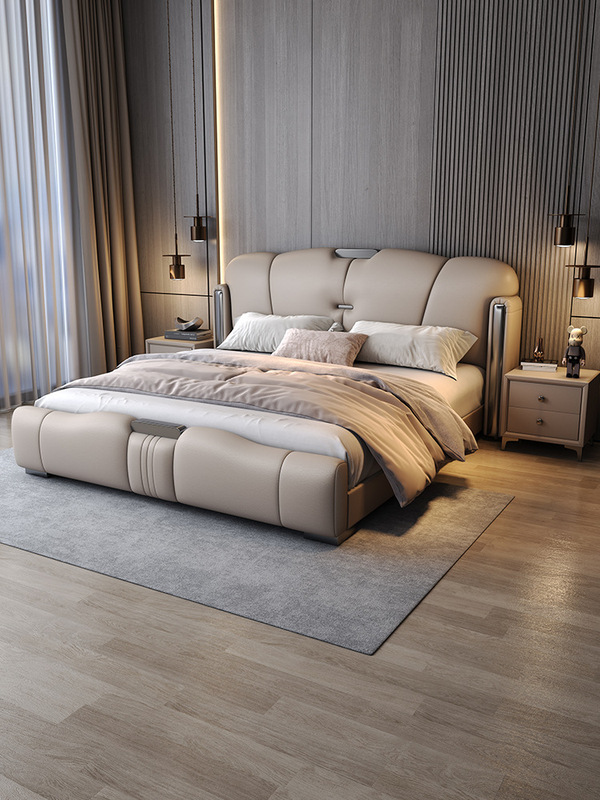 Light Luxury Leather Bed. 1.8m Double Bed Master Bedroom Solid Wood Bed 1.5m Classy and Atmospheric 2025 New Bed Light Luxury Leather Bed. 1.8m Double Bed Master Bedroom Solid Wood Bed 1.5m Classy and Atmospheric 2025 New Bed