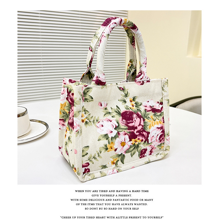 105g Weight Sewing Thread Fashion Element Magnetic Buckle Closure Type Double Handle Strap Type Handbag Bags Type Holiday, Daily Occasion Canvas Material Women's Backpack Backpack Flower Pattern All Seasons Season Women's Gender Elegant Style Square Shape Women's Canvas Flower Elegant Sewing Thread Square Magnetic Buckle Handbag 14