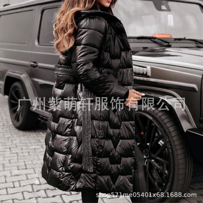 2025欧美女长款过膝新款欧美时尚系带气质收腰修身棉服外套|undefined