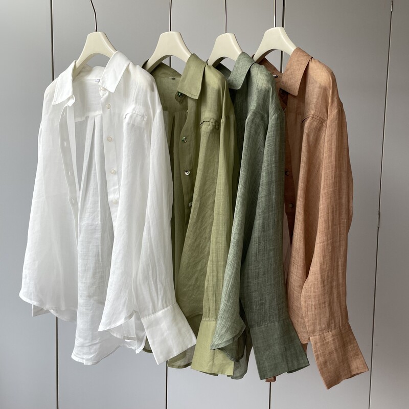 Gentle and Elegant Fried Color Technology! 100 Ramie Lapel Multi-Button Lightweight Comfortable Loose Long-Sleeved Shirt for Women Summer