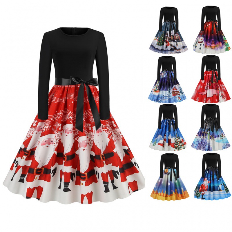 Women's Hepburn Style Printed Patchwork Dress With Ribbon Detail_voghion.com