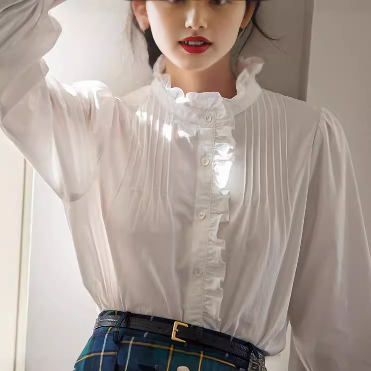 French court sweet white shirt with wooden ears women's autumn vintage lace stand collar bottoming long sleeve shirt