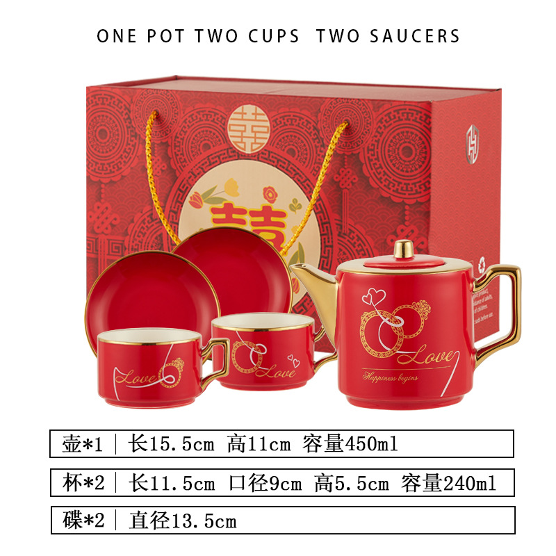 INS pareja flor juego de té regalo de boda chapado en oro taza de café tetera de cerámica taza de agua caja de regalo de boda traje