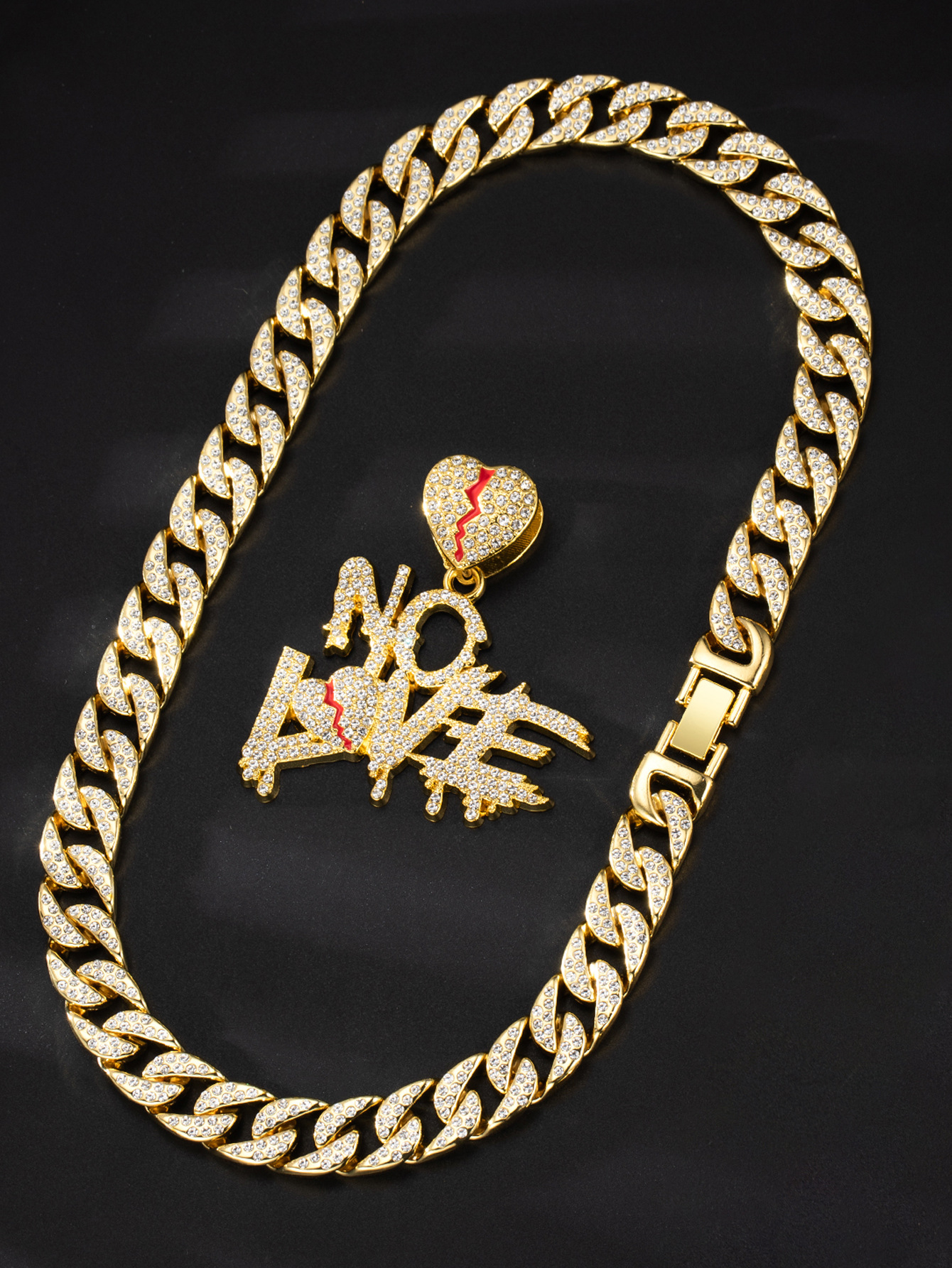New full diamond Cuban chain splicing letter love pendant hip-hop street culture trendy men's necklace_voghion.com