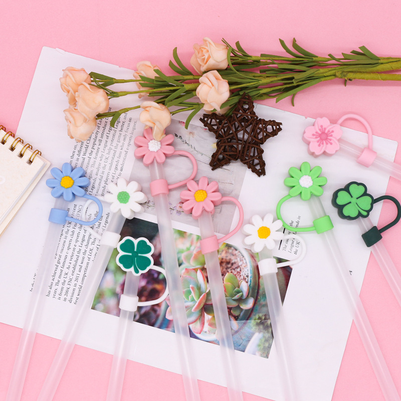 Nueva tapa de pajita de silicona 8-10mm linda muñeca de flores tapa a prueba de polvo se puede reciclar cubierta de pajita transfronteriza