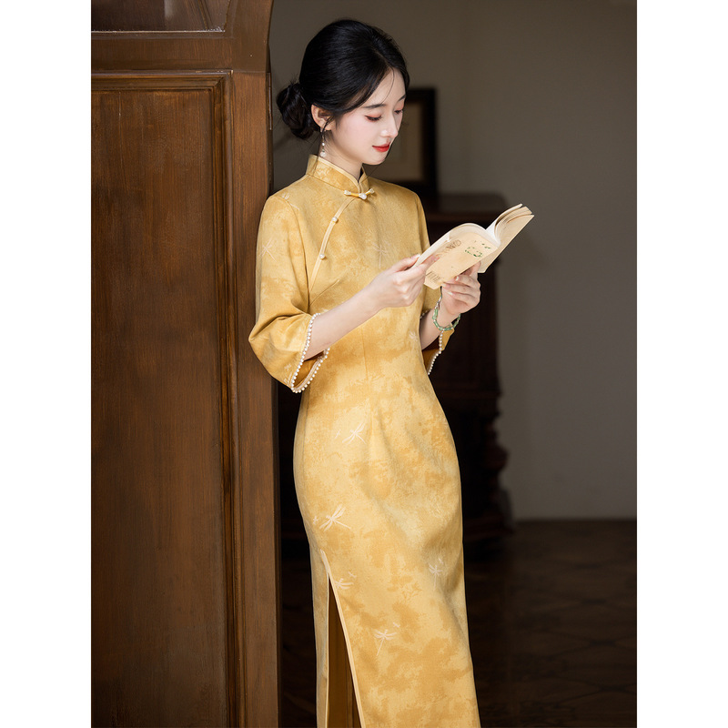 Losbo Young Style Autum Yellow Deerskin Velvet Cheongsam for Women, Beautiful and Unique Chinese Style Daily Whitening Outfit