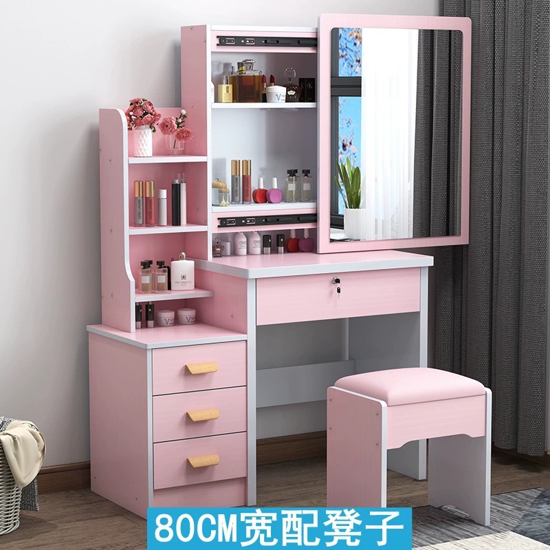 Tocador para apartamentos pequeños, montaje moderno y sencillo, espejo deslizante para dormitorio de princesa, mesa de maquillaje con panel de almacenamiento creativo.