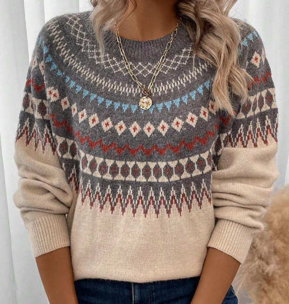 Women's Thick Knit Jacquard Sweater For Autumn And Winter_voghion.com